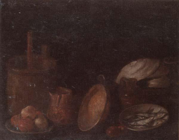 unknow artist Still life of apples and herring in bowls,a beaten copper jar,a pan and other kitchen implements China oil painting art